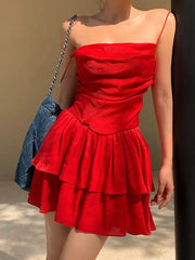 LIZAKOSHT - Solid Ruffles A-line Beach Style Summer Dress Women Sexy Swinging Collar Ruffles Birthday Party Dresses Sweet Pleated Vestidos