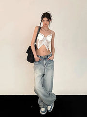 LIZAKOSHT  -  Washed Solid Color High-waisted Straight-leg Jeans American High Street Loose Wide Leg Pants Harajuku Floor Mopping Trousers