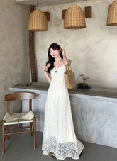 LIZAKOSHT - Adjustable Strap Embroidered Dress Women White Sweet Slim Blackless Camis Dress Sexy Off Shoulder Vacation Beach Party Vestidos