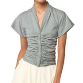 LIZAKOSHT - Women s V Neck Short Sleeve Pleated Solid Color Fit T-shirt Casual Summer Top for Daily Streetwear Fashion