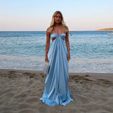 LIZAKOSHT  -  Sexy Satin Backless Halter Long Dress Women Sleeveless High Slit Pleat A-line Dresses Female 2025 Summer Holiday Beach Robes