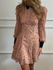 LIZAKOSHT - Fashion Printing Contrast Mini Dress For Women Turndown Collar High Waist Pleats Shirt Sleeve Patchwork Women's Mini Dress