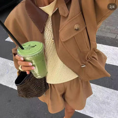 LIZAKOSHT - Autumn 2 Pieces Women Long Sleeve Jacket Elastic Waist Wide Leg Shorts Suits Streetwear Women Outfits Outerwear
