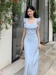 LIZAKOSHT Elegant Floral Sleeveless Long Dress Women Square Collar Ruffles Vocation Beach Slim Dresses Female Summer Vestidos Clothes