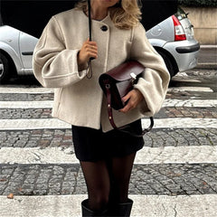 LIZAKOSHT - Fashion Beige Woolen One Button Short Coat for Women Autumn Winter O-neck Long Sleeve Thicken Jacket Lady Overcoat