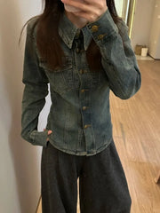 LIZAKOSHT  -  Thin Slim Fit Long Sleeve Denim Shirt Jackets 2025 Spring Autumn New Denim Caot Women Y2k Lapel Neck Single Breasted Blouses