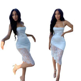 LIZAKOSHT - Sexy Lace Splicing Women's Casual Dr Street Sle mid Waist A-Line Gown No Sve Belted Outdoor Autumn Faion