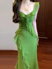 LIZAKOSHT - French Style Floral Print Backless Fish Tail Long Dress Summer Vacation Casual Loose Fit A-Line Skirt Green Leaf