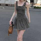 LIZAKOSHT - Women Plaid Printed Square Collar Sleeveless High Waisted Bow Patchwork Backless Simple Style Cute Sling Pleated Tank Dress