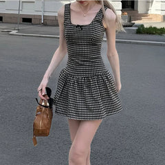 LIZAKOSHT  -  Women Plaid Printed Square Collar Sleeveless High Waisted Bow Patchwork Backless Simple Style Cute Sling Pleated Tank Dress