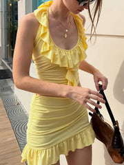 LIZAKOSHT - Yellow Layered Ruffles Skirt Set Women's Sexy Slim Fit Floral Edge Backless Halter Top Set 2025 Summer Vacation Street Outfit