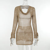 LIZAKOSHT - V Neck Backless Beach Mini Dress For Women Knitted Fishnet See Through Long Sleeve Club Sexy Elastic Casual Party Vestidos