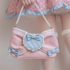 LIZAKOSHT - Sweet Girls Pink Sugar Wave Point Pearl Chain Bowknot Bags Lolita Bags Black Girls Cute Love Ruffle Portable Cosplay Lolita Bags