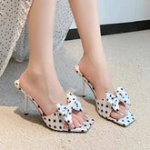 LIZAKOSHT - Summer Women Satin Butterfly-knot Polka Dot Slippers Sexy Stiletto Heel Dress Shoes Elegant Banquet Stripper Party Slides Shoes