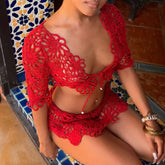 LIZAKOSHT - Hot Girl Beach Party Two Piece Set Sexy V-neck Hollow Out Lace Tops&Mini Skirts Sets Summer New Solid Color Mesh Knitted Outfits