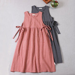 LIZAKOSHT - Summer Mori Girl Literary Artistic Vest Dress Cotton Linen Plaid Cover Strapless Sleeveless One-Piece Long Skirt
