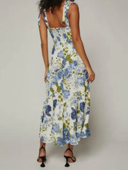 LIZAKOSHT - Women Tide Bow Strap Midi Dress Corset Style A line Sleeveless Beach Holiday Robe Retro French Style White Blue Flower Print
