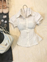 LIZAKOSHT - Harajuku Fashion Lace Trim Design Shirt Korean Style Sweet Color-Block Striped Short Sleeve Shirt Women Waist-Slimming Tops