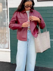 LIZAKOSHT - Chic Zipper Bomber Leather Jacket For Women Fashion Lapel Long Sleeve Cropped Jackets Autumn Female Commuting Streetwear