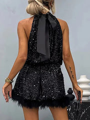 LIZAKOSHT - Lacing Up Half High Collar Women Sequins Dress Female Hollow Out Off Shoulder Club Dress Casual Patchwork Sleeveless Party Dress