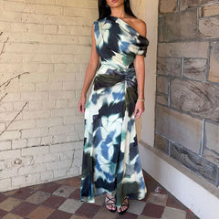 LIZAKOSHT - Women Fashion Irregular Hight Waist Holiday Dress Casual Sleeveless Print Party Dress Elegant Slant Shoulder Draped Long Dress