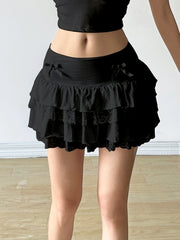 LIZAKOSHT - Floral Lace Patchwork Skinny Cake Skirt Coquette Outfits Kawaii Skirts Low Waist Elastic Short Y2K Aesthetic Korean