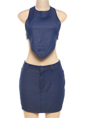 LIZAKOSHT - Summer Y2K Denim Sexy 2 Piece Set Streetwear Women 2024 Halter Backless Bandage Irregular Crop Tops And Bodycon Skirt Set