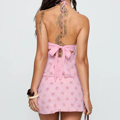 LIZAKOSHT  -  Sexy Halter Tops and Short Skirt Suit Women Fashion Pattern Printed Club Party Outfits Elegant Split Tie-Up MIni Skirt 2Pc Sets