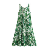 LIZAKOSHT - Green Floral Print Lacing Up Sling Beach Dresses Women Sexy Sleeveless O Neck Pleated Summer Dress Holiday Vestidos