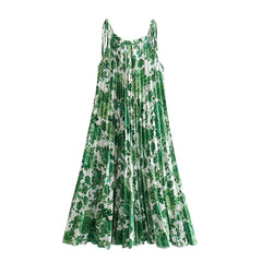 LIZAKOSHT - Green Floral Print Lacing Up Sling Beach Dresses Women Sexy Sleeveless O Neck Pleated Summer Dress Holiday Vestidos