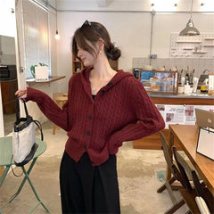 LIZAKOSHT - Gray Twist Knitted Cardigan Jacket Women Autumn New Vintage All-Match Hooded Sweater Coat Fashion Single Breasted Hoodies Woman