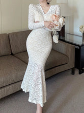 LIZAKOSHT - White Dress Women Elegant Fashion Long Dresses Female Evening Lace Long Sleeve Dress Ladies Party V Neck Bodycon Mermaid Robes