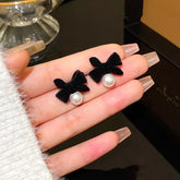 LIZAKOSHT Classic Winter Pearl Pendant Flocking Bowknot Stud Earrings for Women Temperament Happy New Year Gift Ladies Jewelry Accessories