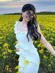 LIZAKOSHT  -  Women Fashion Ruffle Square Neck Maxi Dress Elegant Solid Sleeveless Split Bodycon Dresses 2024 Summer Female Party Evening Robe