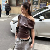 LIZAKOSHT - The 2025 Summer New Women's Irregular Leather Top Y2k High-quality and Fashionable High Street Pleated Cinched Waist Casual Vest