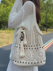 LIZAKOSHT - Fashion Women's Handbag with Wooden Bead Tassel One Shoulder Bag Cotton Woven Design Zipper Closure Totes