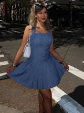LIZAKOSHT - Fashion Pleated Halter Jeans Short Dress For Women Metal Button High Waist Mini Dress Lady Summer New Chic Street Vestidos