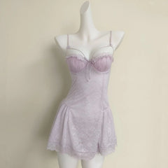 LIZAKOSHT - Cute Purple Suspender Nightdress with Panties Sexy Lingerie Nightgowns See Through Lace Flower Home Clothes Women's Pajamas