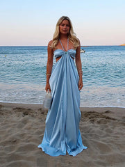LIZAKOSHT - Sexy Satin Backless Halter Long Dress Women Sleeveless High Slit Pleat A-line Dresses Female 2025 Summer Holiday Beach Robes