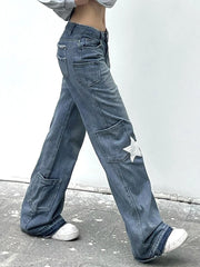 LIZAKOSHT - Low Rise Baggy Jeans Y2K Star Print Denim Pockets Patchwork Women Pants Streetwear Retro Casual Jean Trousers Korean