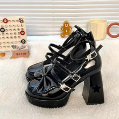 LIZAKOSHT - Mary Janes Vintage Black Sandals Woman Buckle Non-Slip Casual Medium Heels Office Ladies Solid Elegant Hollow Out Heels