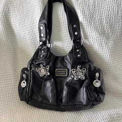 LIZAKOSHT - Y2k Black Womens Shoulder Bag Gothic Original Advanced Fashion Tote Bag Large Capacity Leather Motorcycle Vintage Handbag
