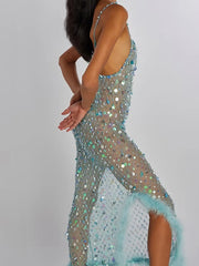 LIZAKOSHT - Elegant Lace Maxi Dress Sleeveless V-Neck Floral Embroidery Mesh Overlay Evening Gown with High Slit and Open Back