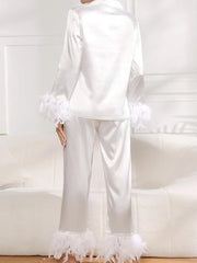 LIZAKOSHT - Summer Ice Silk Long Sleeve Pants Pajama Set New Feather Cardigan Pajamas Casual Women's Comfortable Home Clothes Set