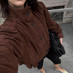 LIZAKOSHT - Elegant Fashion Brown Stand Collar Jackets Street Chic Single-Breasted Coat for Woman Gray Outerwear 2025 Autumn Long Sleeve Top