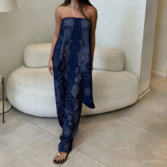 LIZAKOSHT - Summer Hawaii Casual Vacation Two Piece Sets Elegant Women Simple Set Fashion Tube Top Pattern Printed Irregular Tops&Pants Sets
