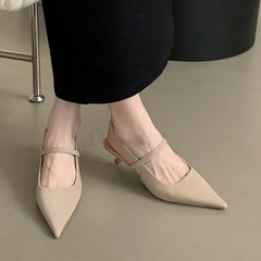 LIZAKOSHT - Spring New Brand Women White Sandal Fashion Pointed Toe Shallow Slip On Slingback Shoes Thin Med Heel Outdoor Dress Muler