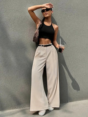 LIZAKOSHT - Plus Size Women's Beige High - Waisted Wide - Leg Trousers with Belt, Elegant & Casual Office - Ready Fashion