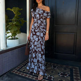 LIZAKOSHT - Women Fashion Irregular Hight Waist Holiday Dress Casual Sleeveless Print Party Dress Elegant Slant Shoulder Draped Long Dress