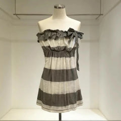 LIZAKOSHT - Euramerican Sweet Draped Bow Strapless A-line Tops Y2k Aesthetic Constrast Color Striped Camisole Harajuku Punk Girl Tops